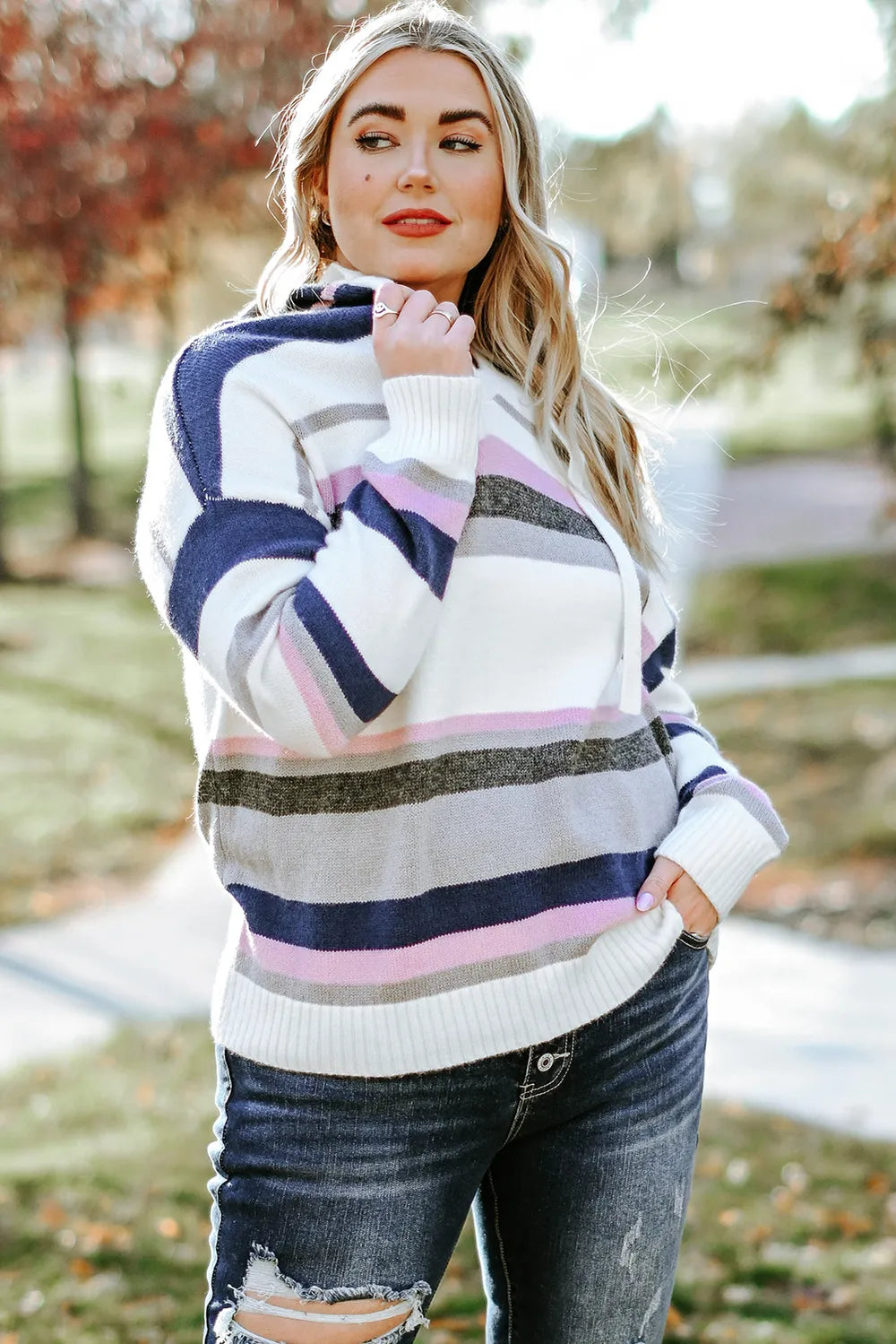 Plus Size Striped Long Sleeve Hooded Sweater - Fashorio