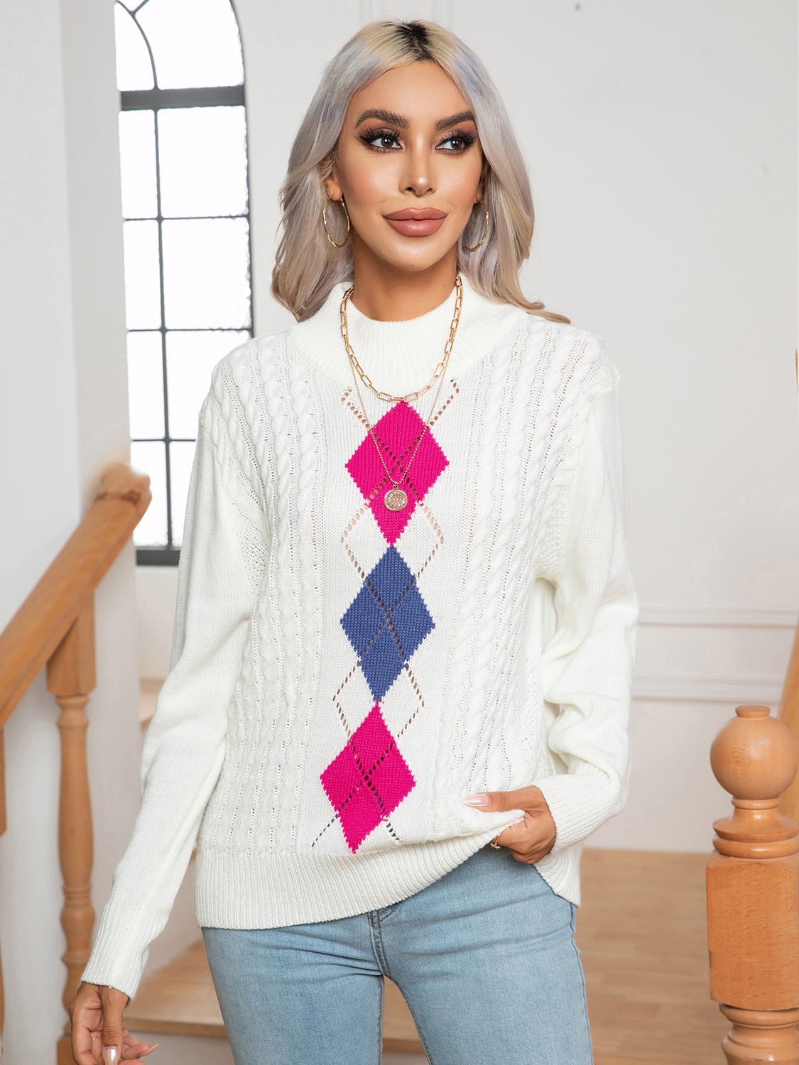 Openwork Geometric Mock Neck Sweater White - Fashorio