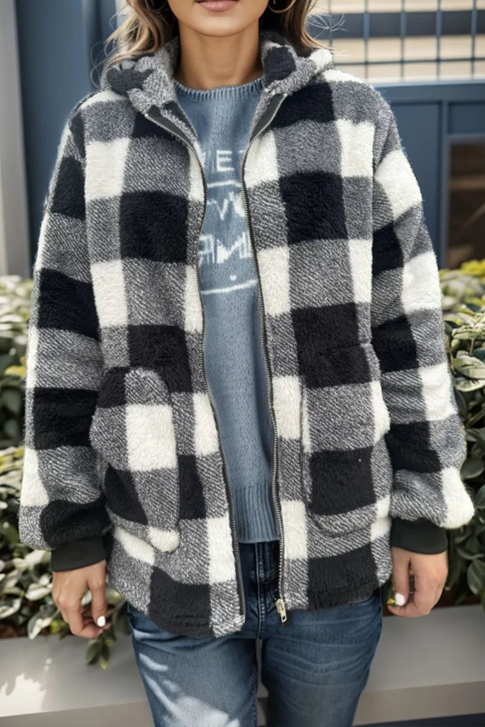 Double Take Full Size Plaid Long Sleeve Hooded Coat Black - Fashorio