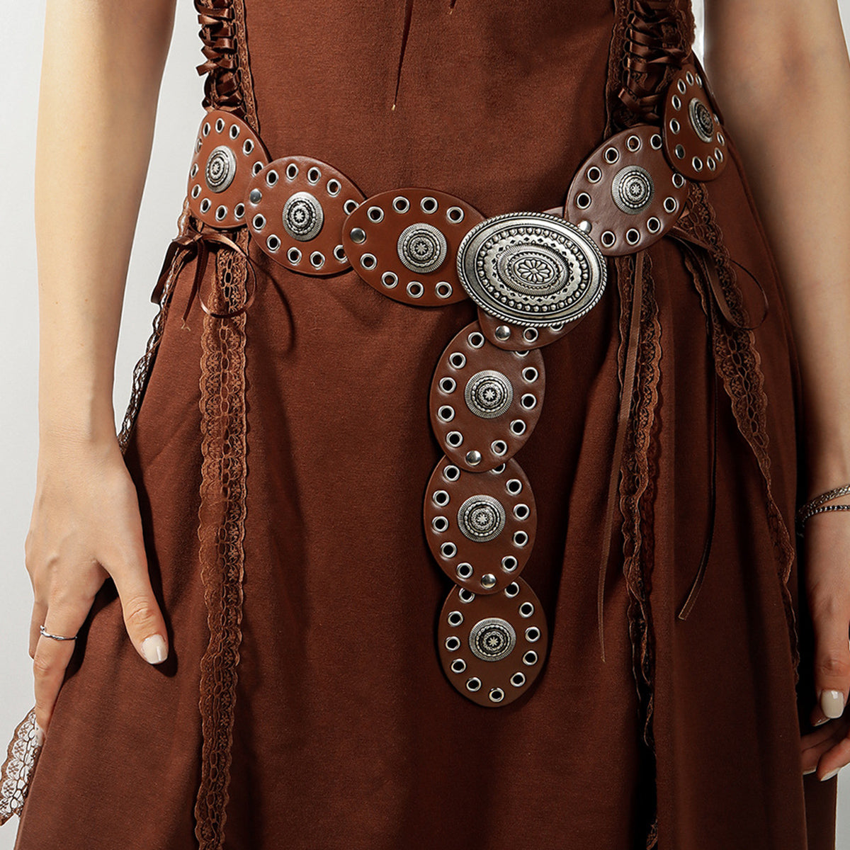 Oval PU Belt Dark Brown One Size - Fashorio