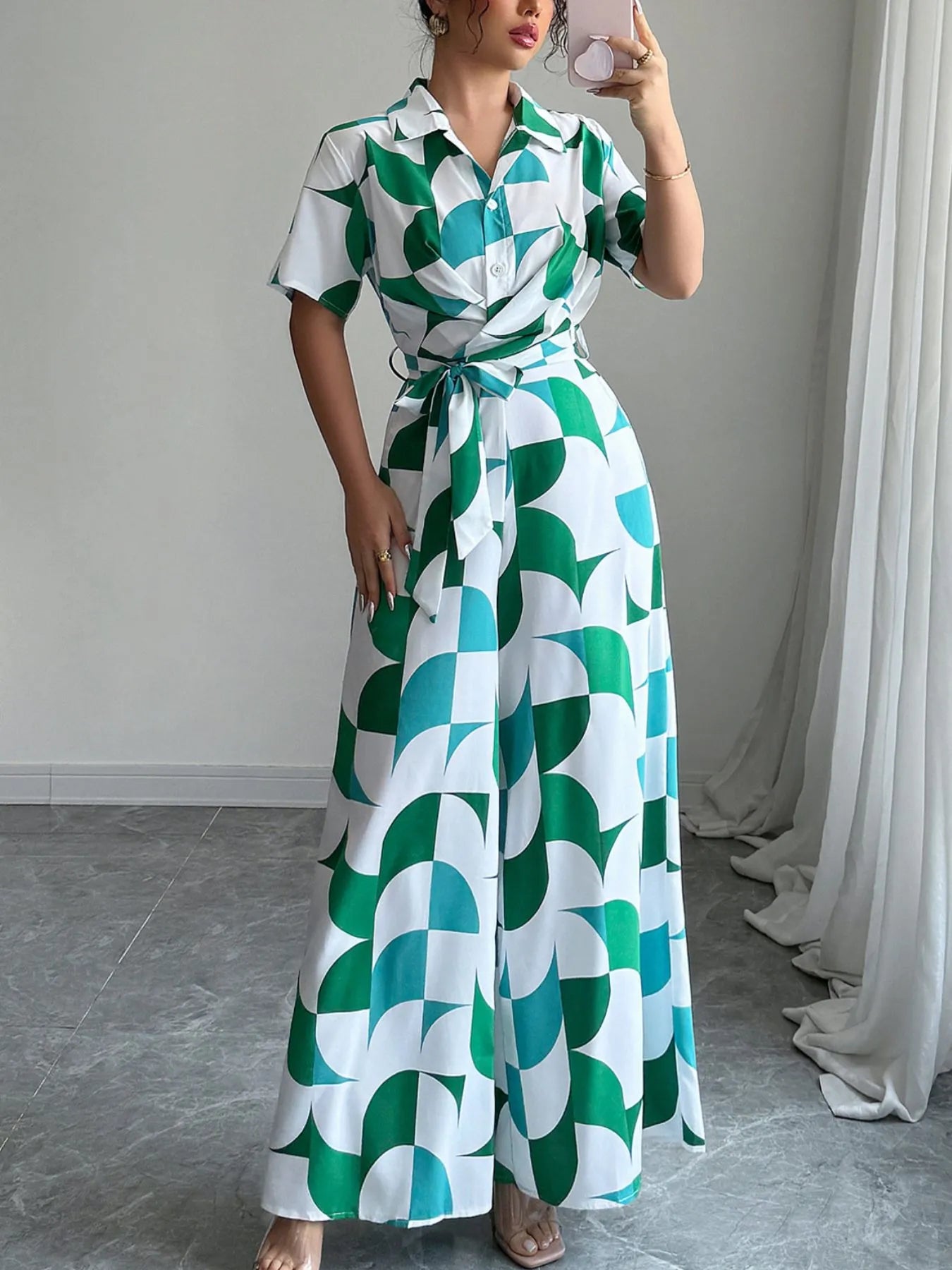 Printed Wide Leg Belted Jumpsuit - Fashorio
