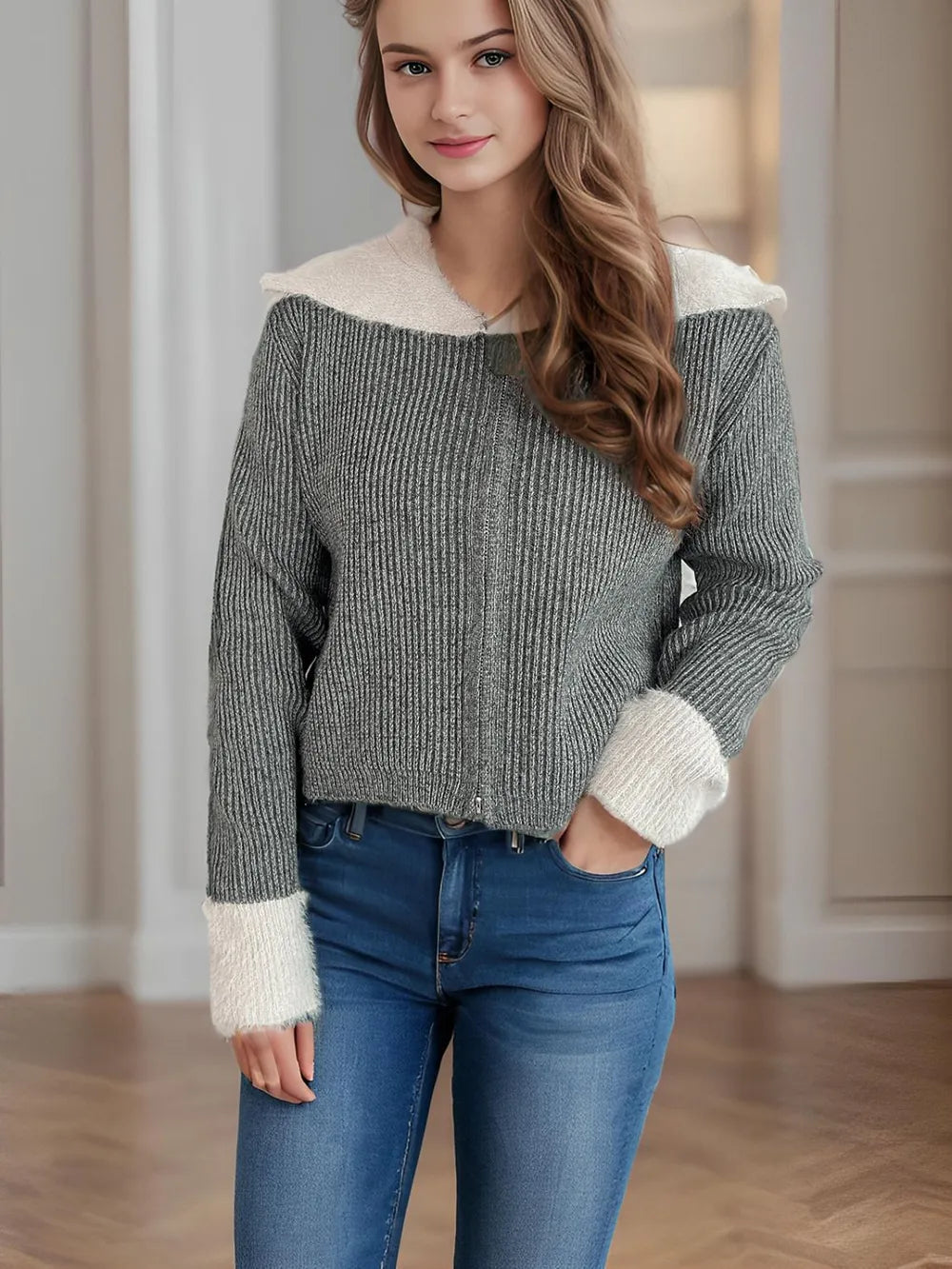 Zip Up Collared Neck Long Sleeve Cardigan - Fashorio
