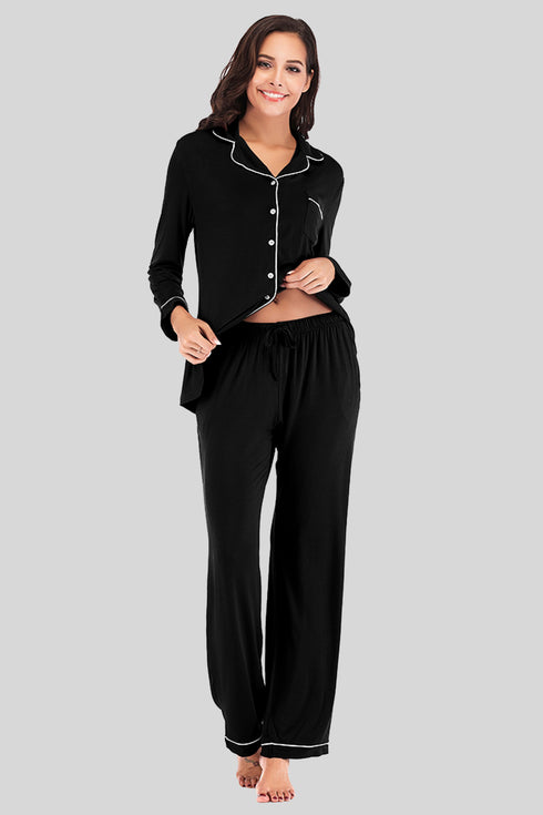 Collared Neck Long Sleeve Loungewear Set with Pockets Black - Fashorio