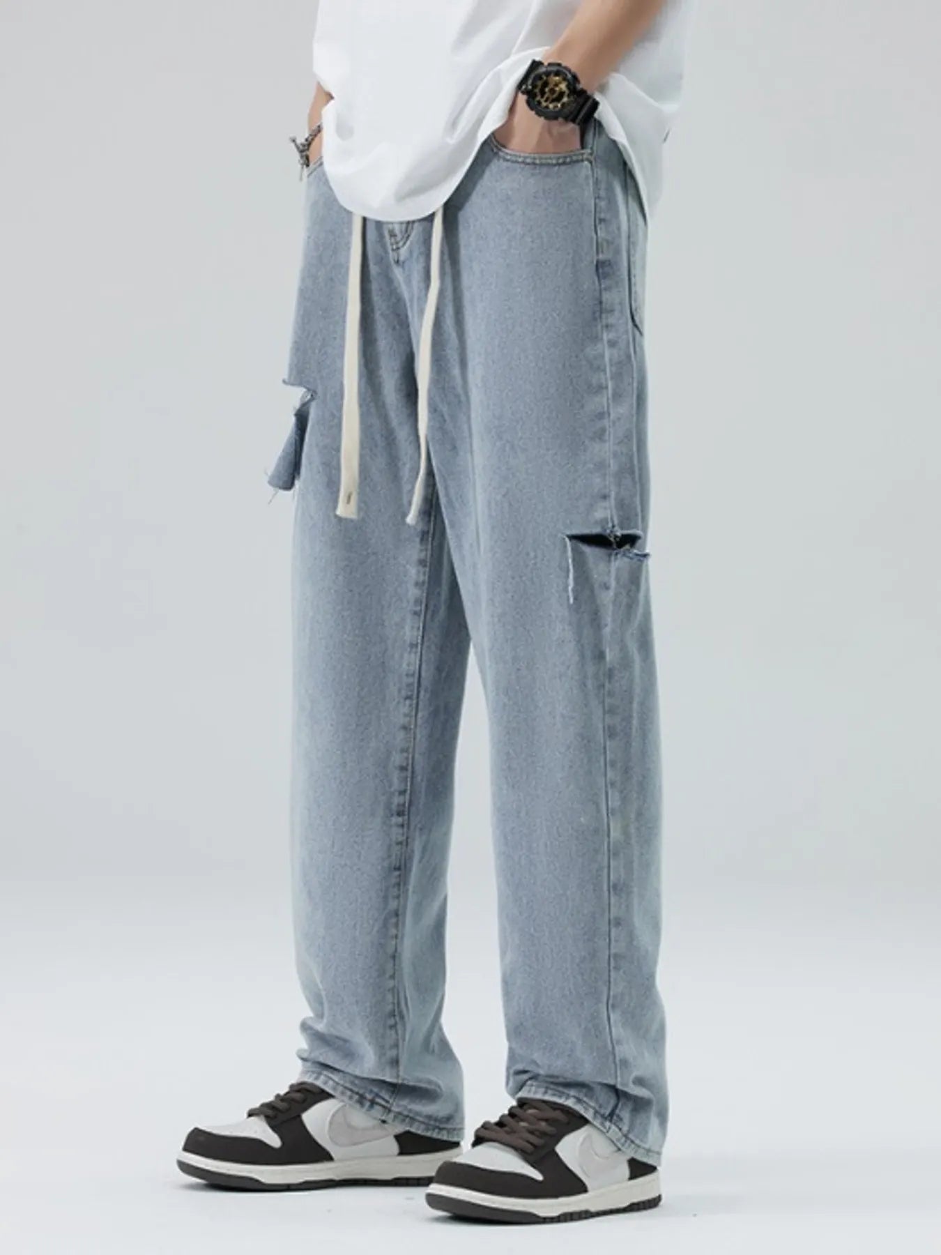 Men's Full Size Distressed Relaxed Fit Jeans with Ripped Details Plus Size - Fashorio