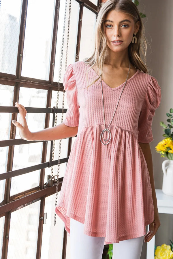 Heimish Full Size Waffle Knit V-Neck Babydoll Top ROSE - Fashorio