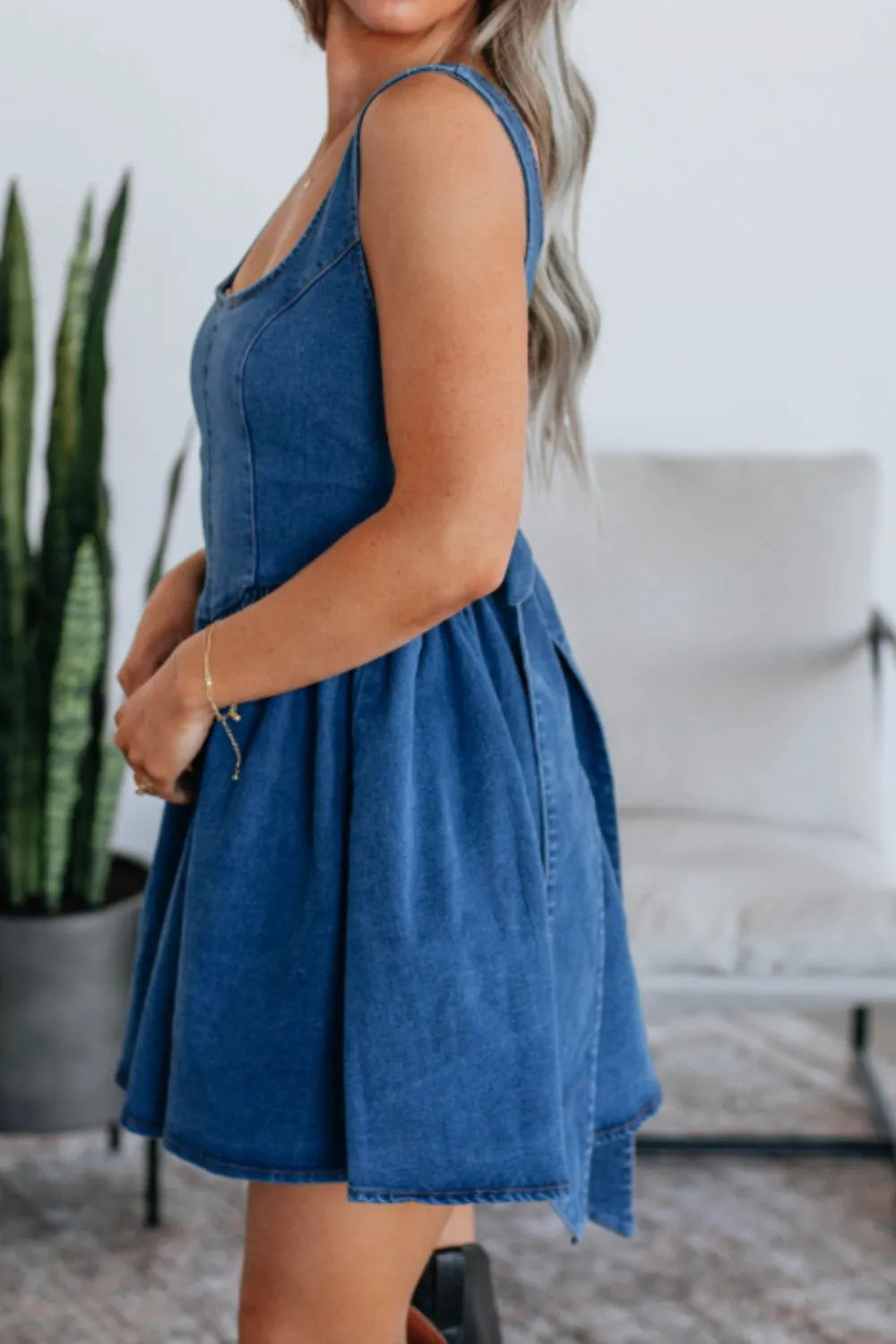 V-Back Bow Tie Denim Skater Dress - Fashorio