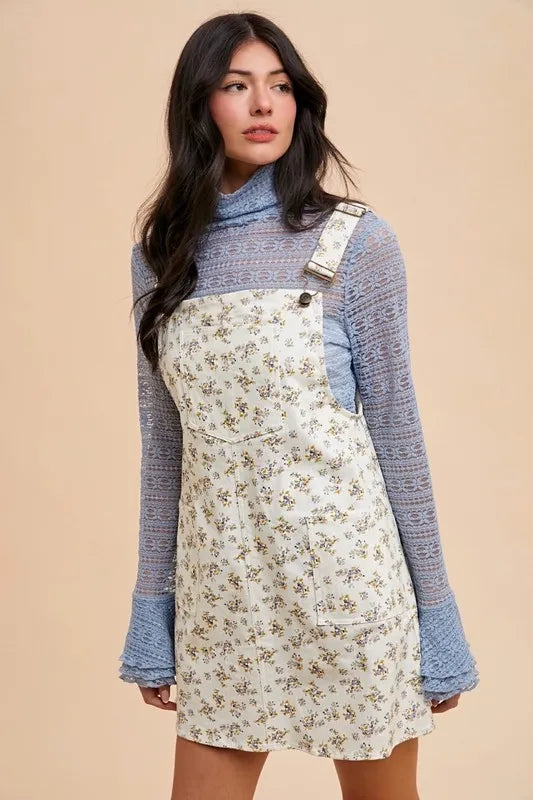 Annie Wear Stretch Ditsy Print Denim Overall Mini Dress IVORY - Fashorio