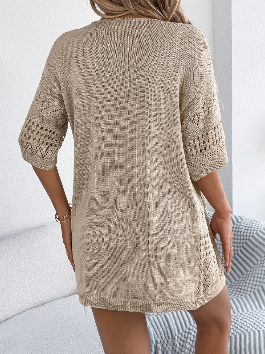 Openwork Open Front Half Sleeve Cardigan - Fashorio