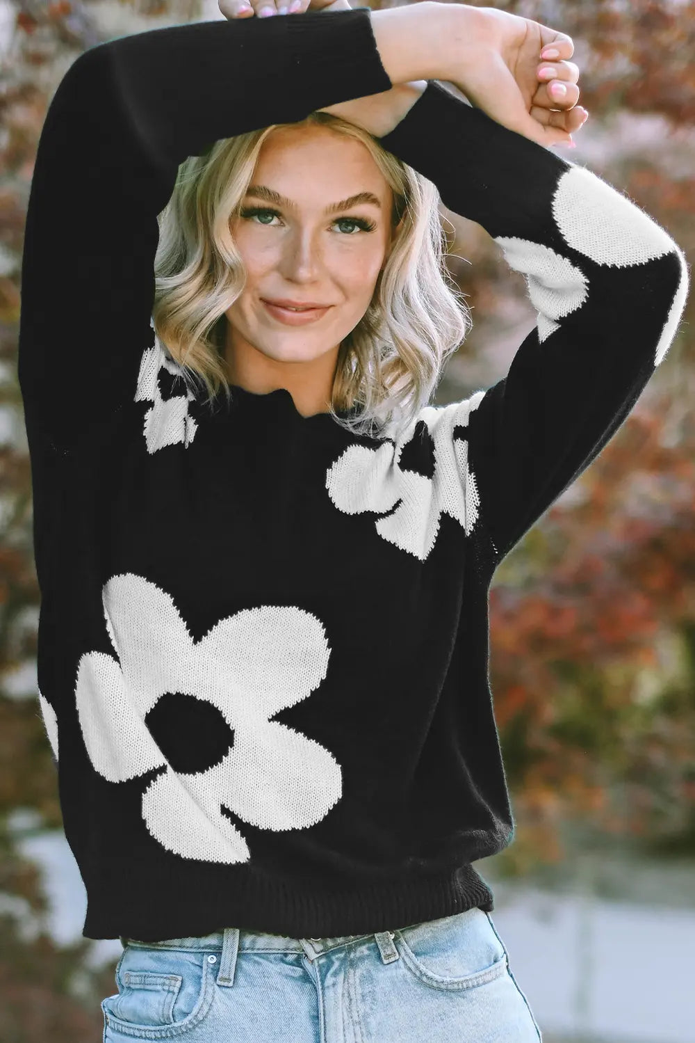 Round Neck Floral Pattern Color Contrast Design Long Sleeve Sweater - Fashorio
