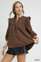 Umgee Bow Print Corduroy Puff Sleeve Blouse with Ruffled Brown - Fashorio