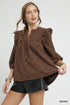 Umgee Bow Print Corduroy Puff Sleeve Blouse with Ruffled Brown - Fashorio