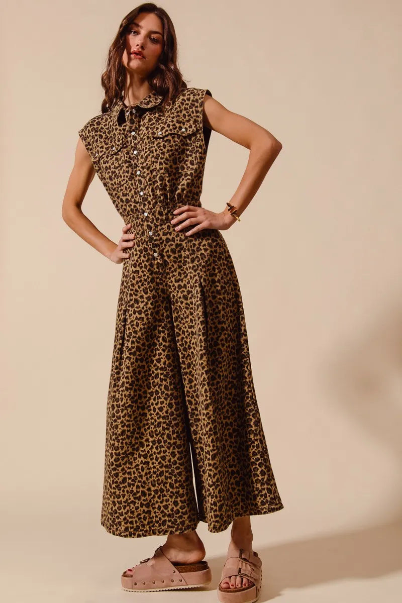 SO ME Wide Leg Leopard Twill Overalls Jumpsuit with Tuck - Fashorio