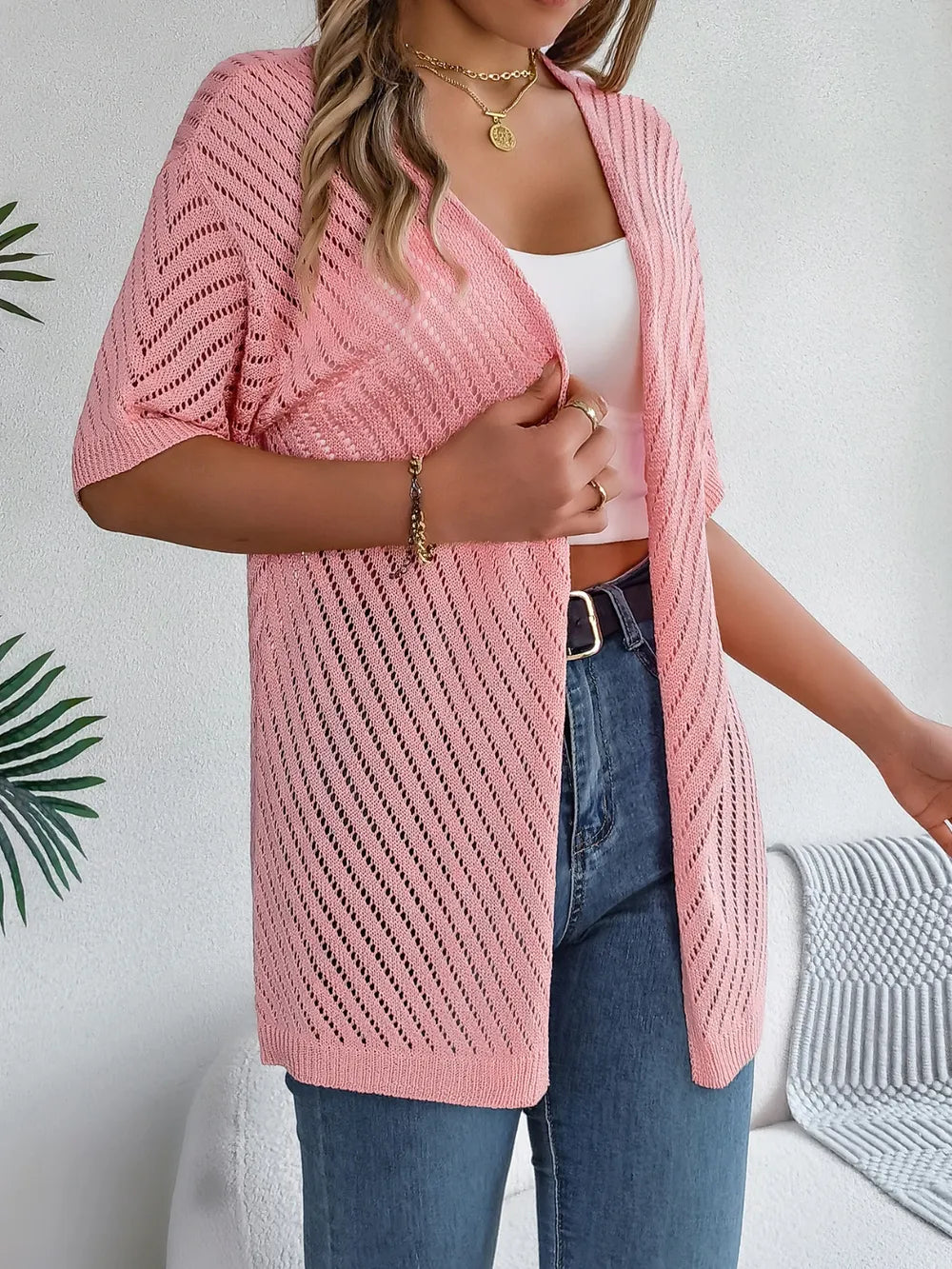 Openwork Open Front Half Sleeve Cardigan - Fashorio