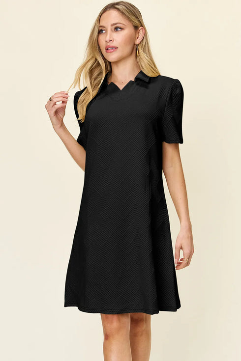 Double Take Full Size Texture Collared Neck Short Sleeve Dress Black - Fashorio