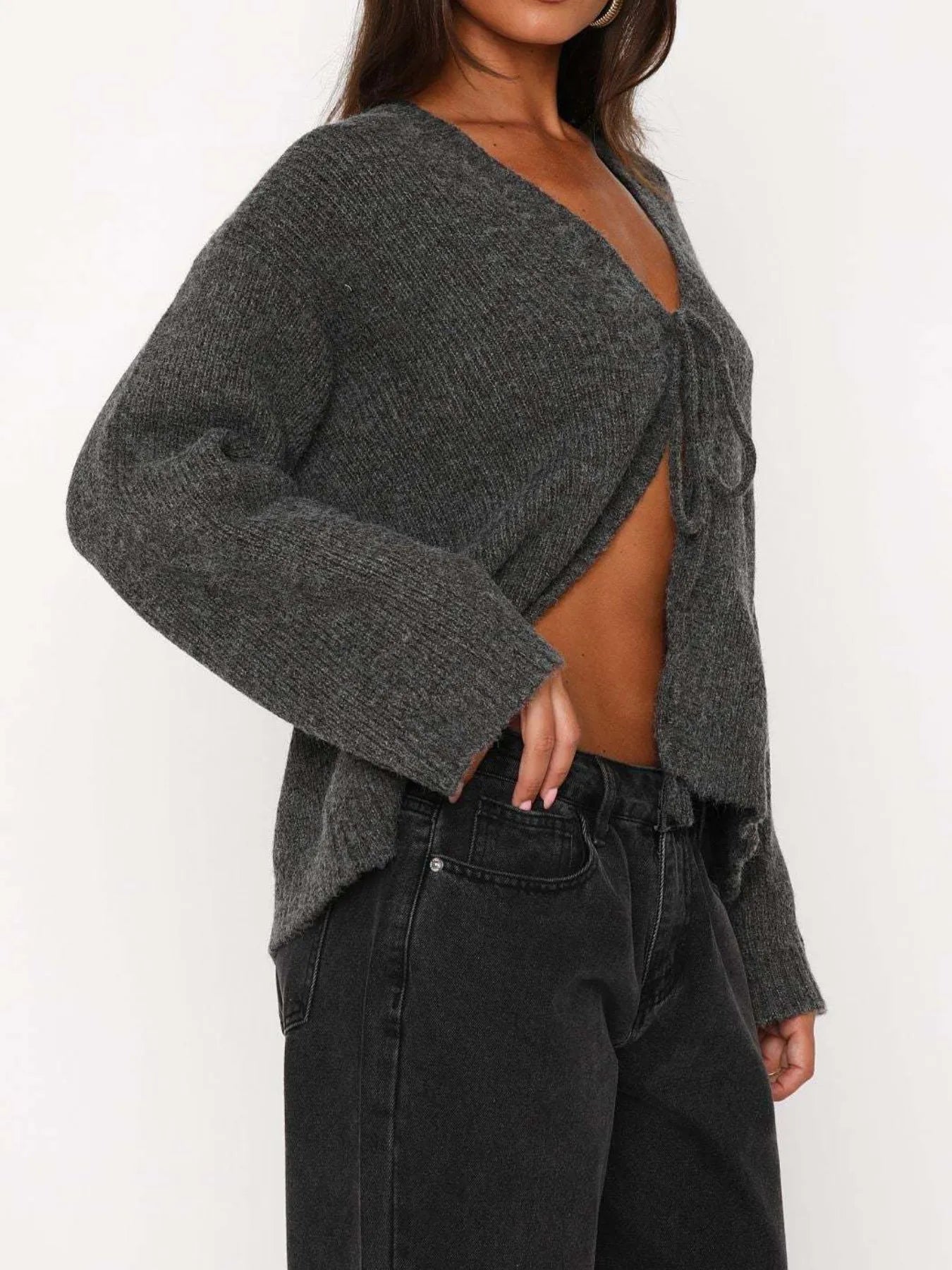 Open Front Tied Sweater Cardigan - Fashorio