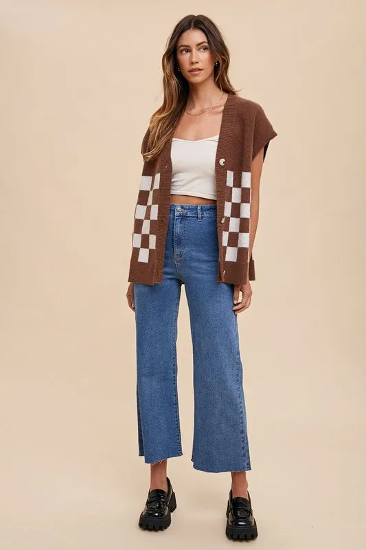 Annie Wear Checkered Button Down Short Sleeve Cardigan - Fashorio