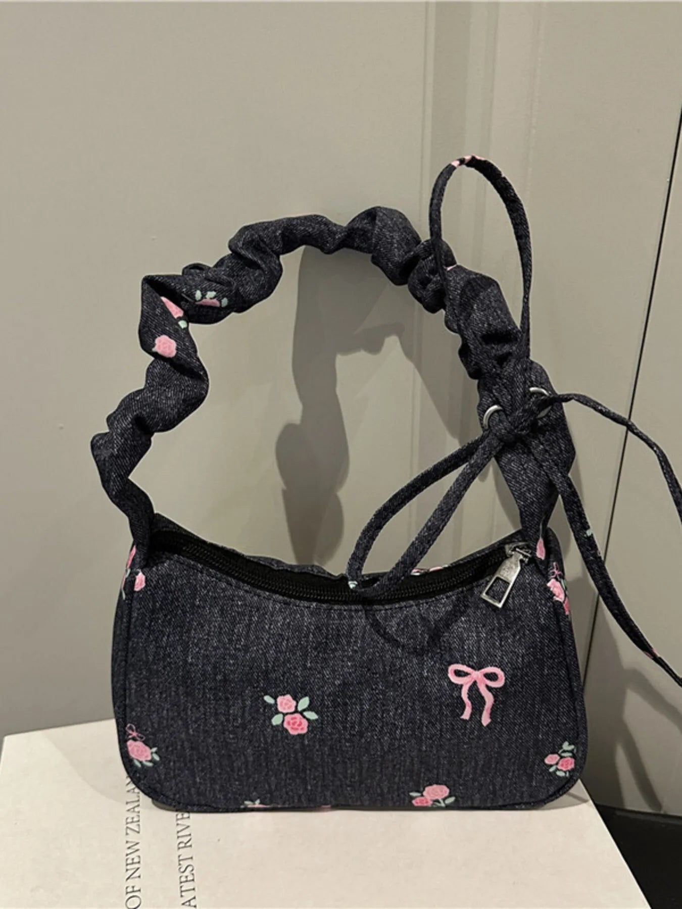 Embroidered Ruched Strap Shoulder Bag - Fashorio