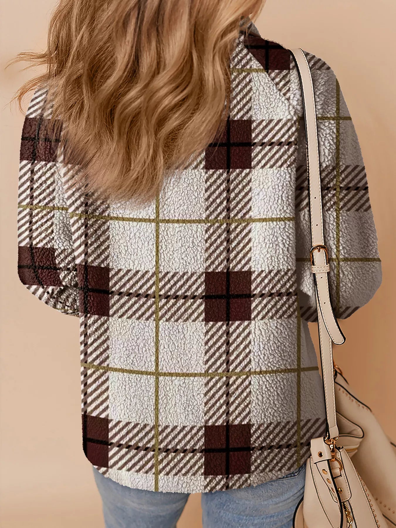 Plaid Fleece Jacket with Stand Collar – Buttoned & Pocketed - Fashorio