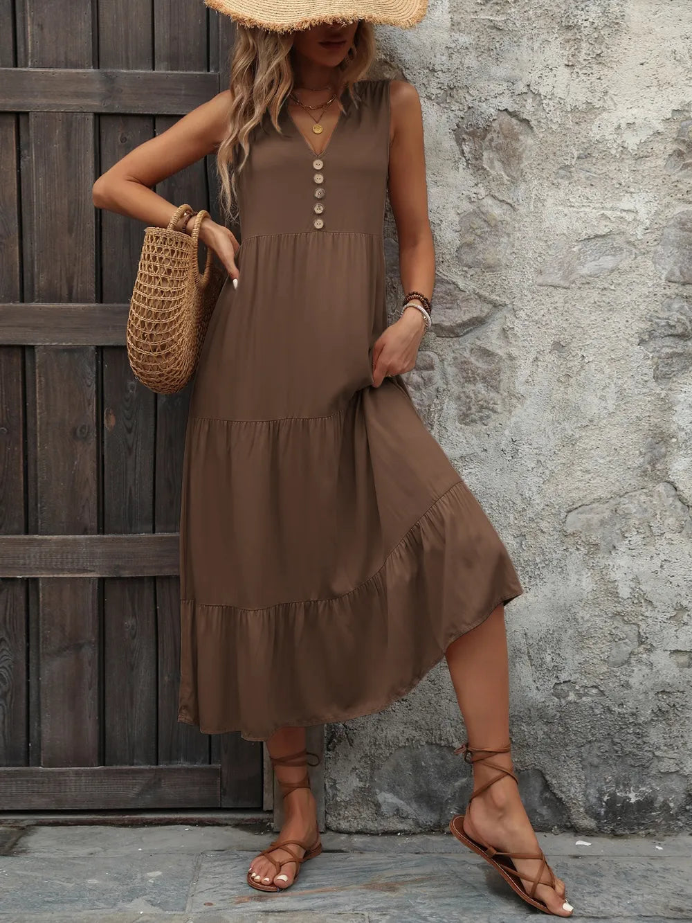 Ivy Lane Decorative Button Notched Sleeveless Dress - Fashorio