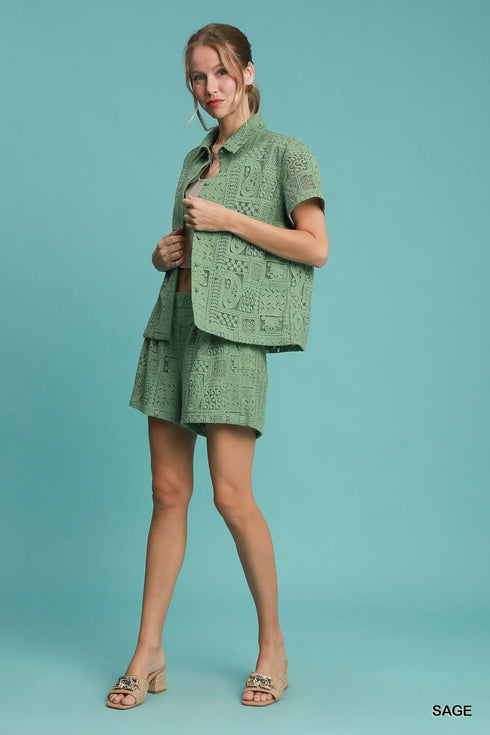 Umgee Patch Lace Short Sleeve Button Down Shirt - Fashorio