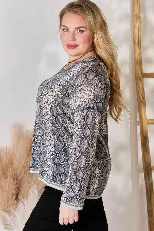 Hailey & Co Full Size Snakeskin V-Neck Long Sleeve Top - Fashorio