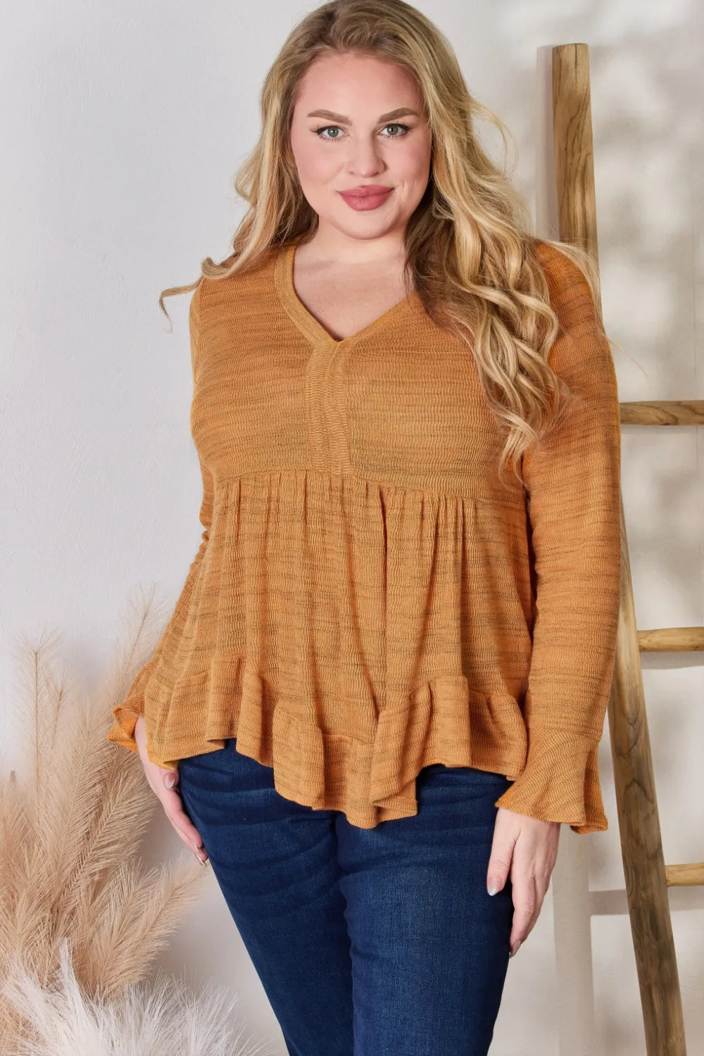 Hailey & Co Full Size V-Neck Flounce Sleeve Blouse - Fashorio