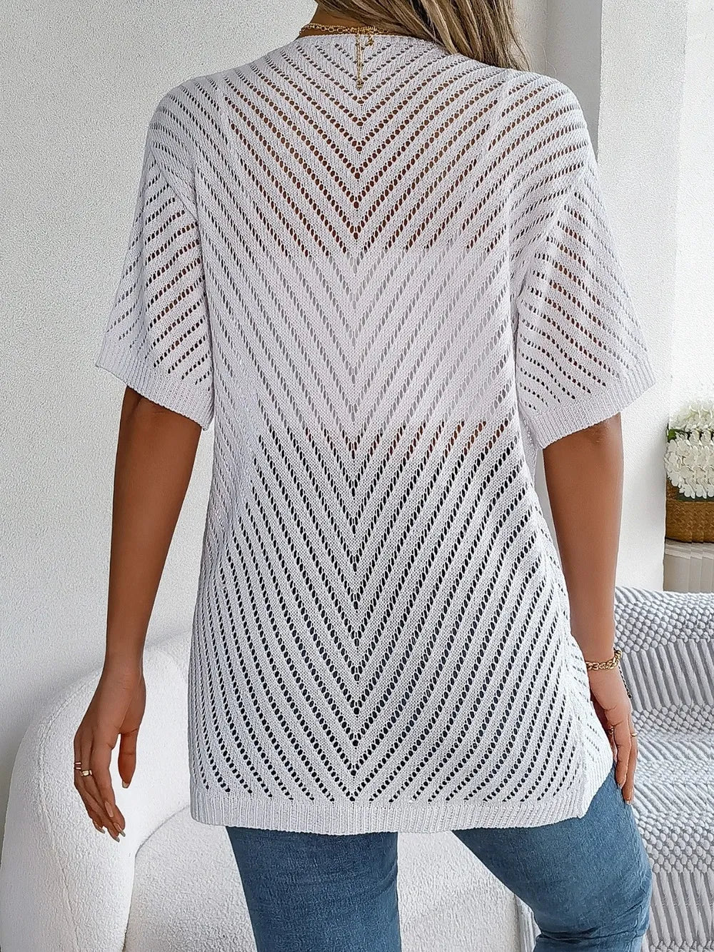 Openwork Open Front Half Sleeve Cardigan - Fashorio