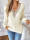 Openwork V-Neck Long Sleeve Sweater Ivory - Fashorio