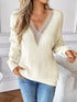 Openwork V-Neck Long Sleeve Sweater Ivory - Fashorio