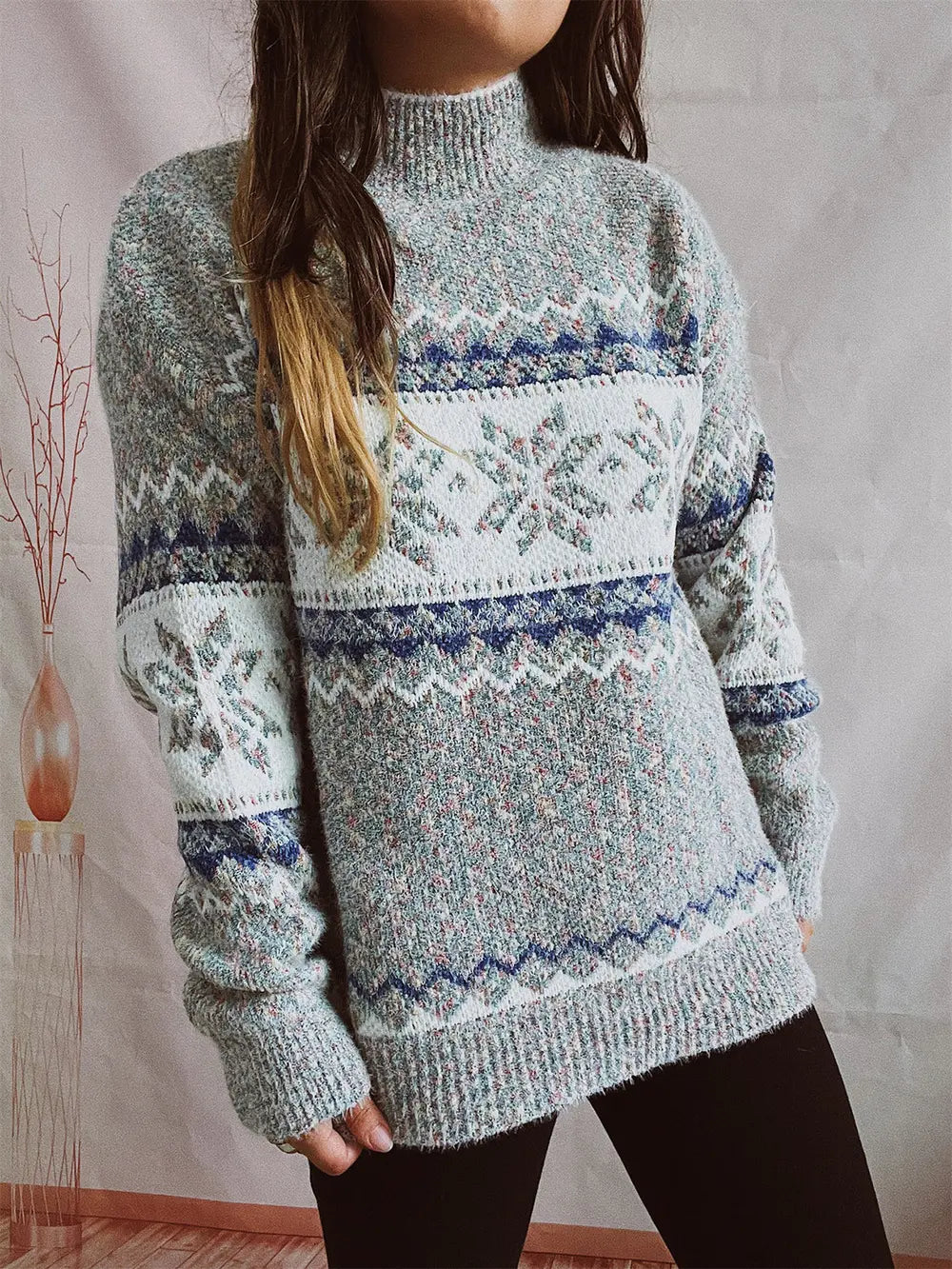 Geometric Mock Neck Dropped Shoulder Sweater - Fashorio