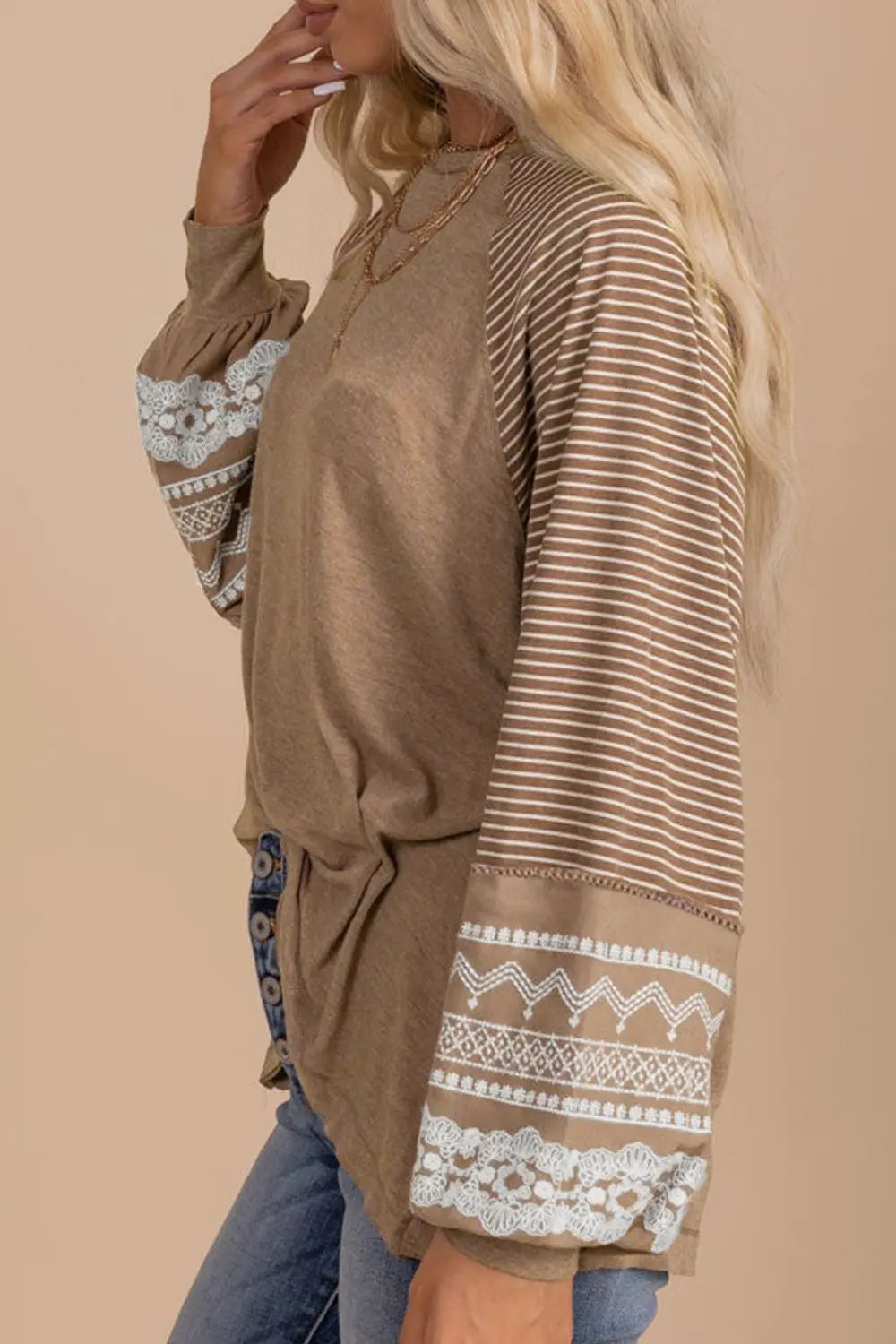 Striped Round Neck Long Sleeve Blouse - Fashorio