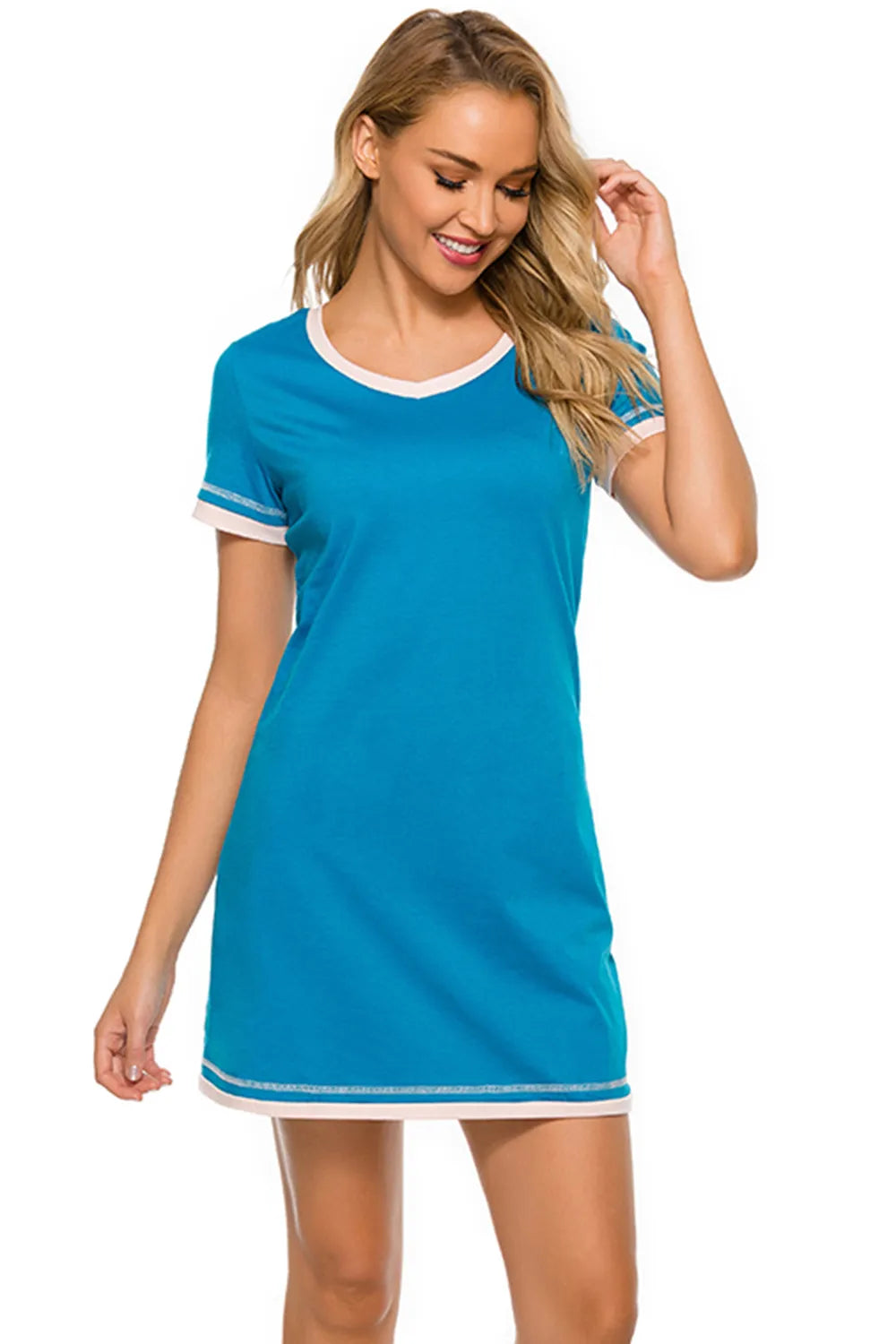 Contrast Trim Short Sleeve Lounge Dress - Fashorio