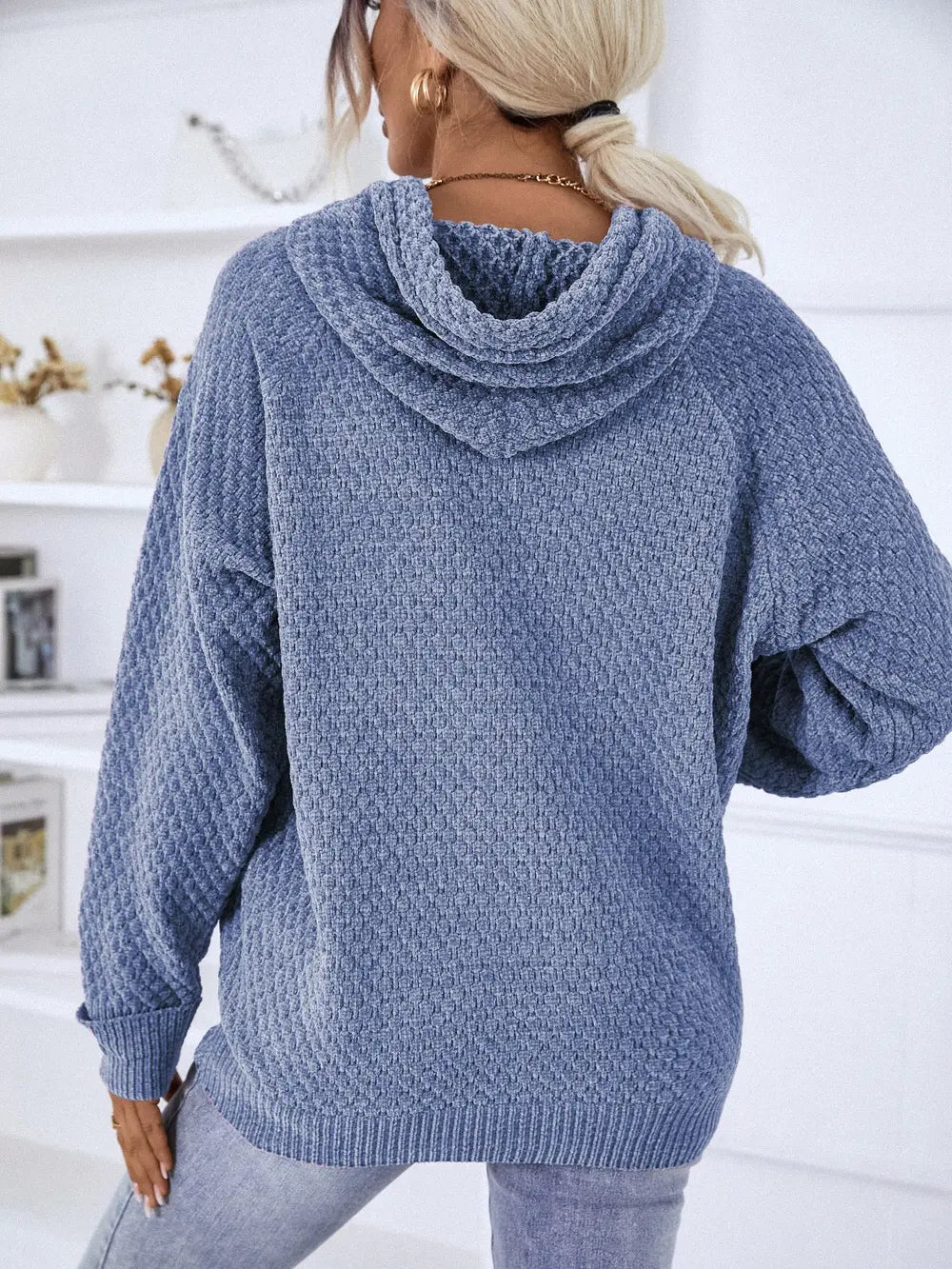 Texture Drawstring Long Sleeve Hooded Sweater - Fashorio