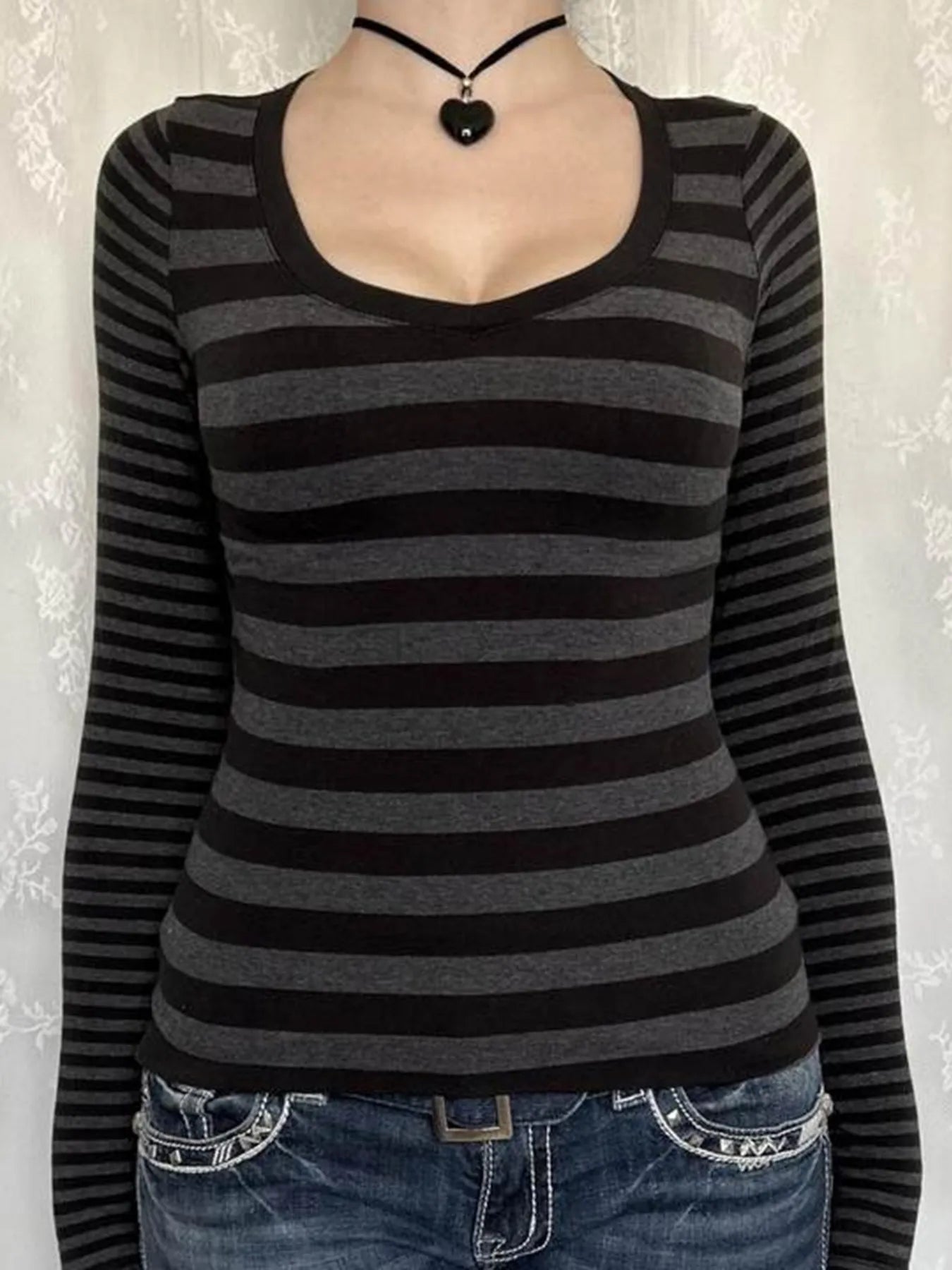 Striped Long Sleeve Contrast T-Shirt - Fashorio