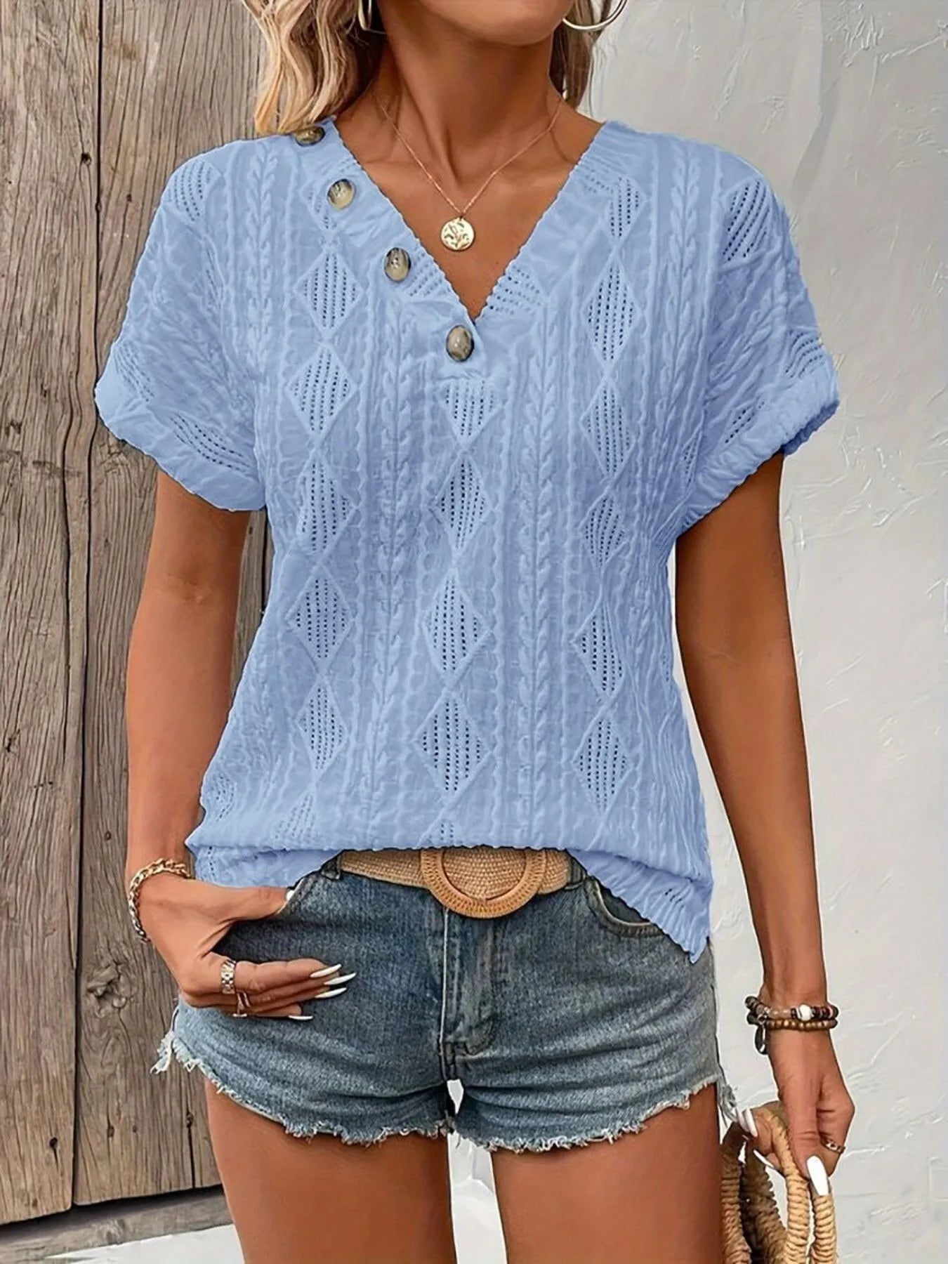 Textured V-Neck Short Sleeve Top - Fashorio