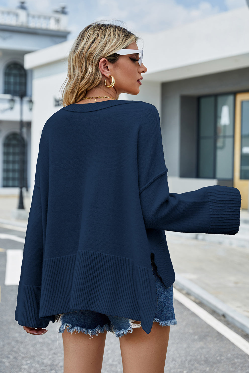 Round Neck Dropped Shoulder Slit Sweater - Fashorio