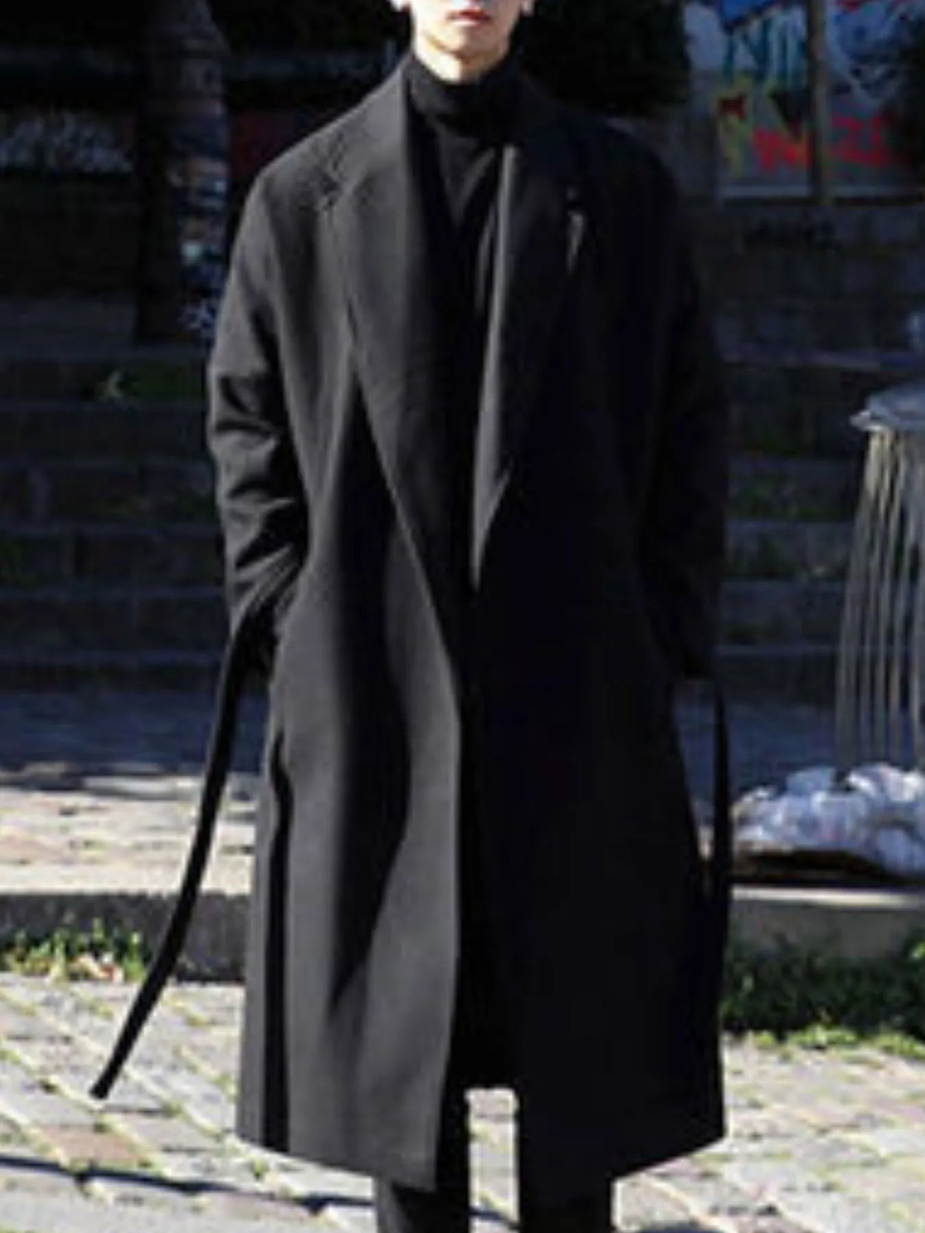 Men's Plus Size Lapel Collar Long Sleeve Longline Coat Black - Fashorio