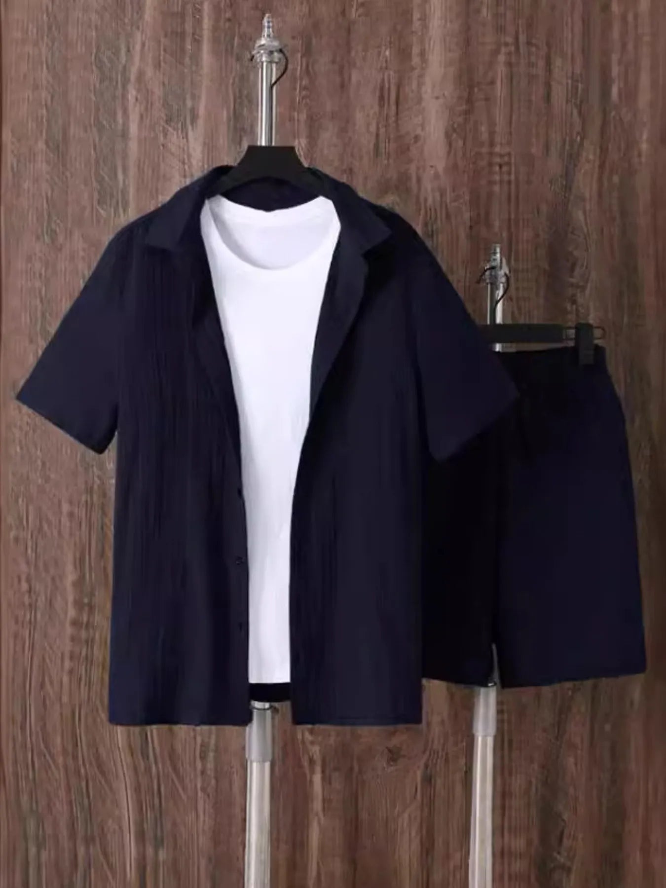 Men's Plus Size Button Up Short Sleeve Shirt and Shorts Set Navy Blue - Fashorio