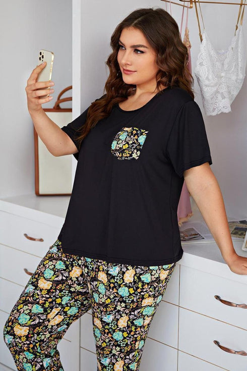 Plus Size Contrast Round Neck Tee and Floral Pants Lounge Set - Fashorio