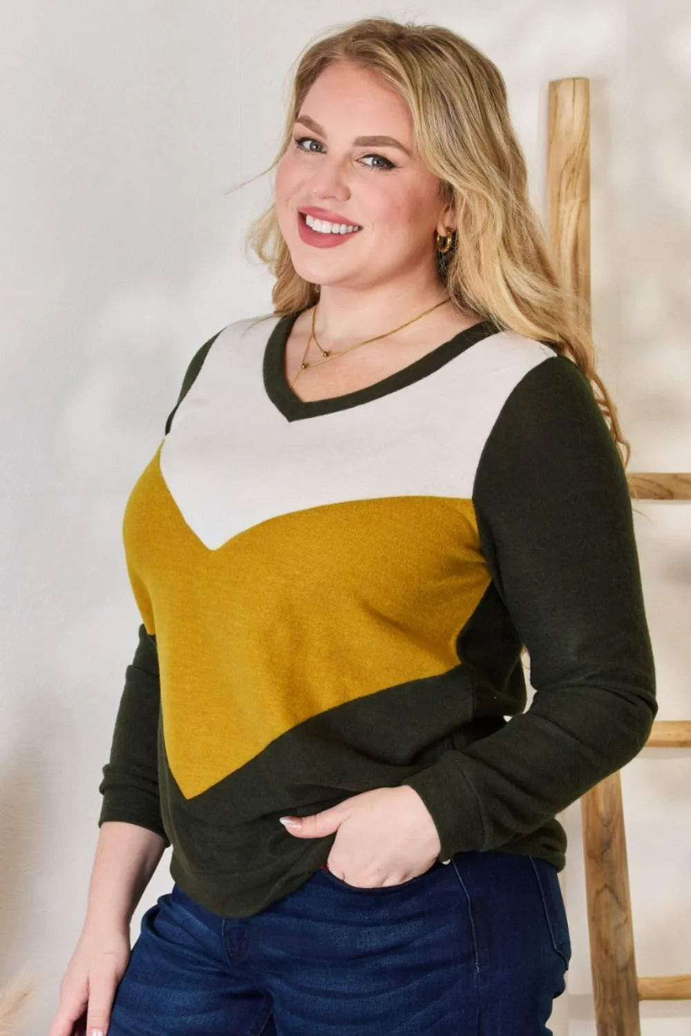 Hailey & Co Full Size Colorblock V-Neck Blouse - Fashorio