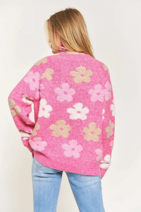 ADORA Full Size Floral Popped 2-Tone Sweater Top Plus Size - Fashorio