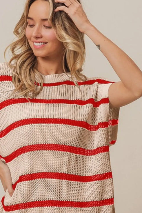 BiBi Fourth Of July Stripe Drop Shoulder Sweater - Fashorio