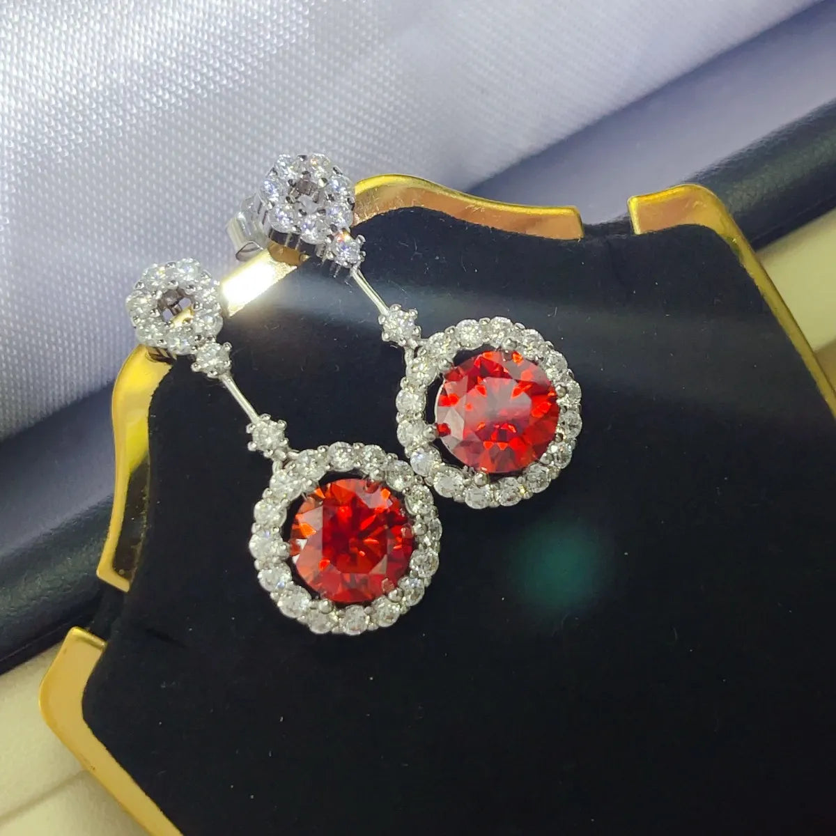 4 Carat Ruby Red Crystal Drop Earrings with Rhinestone Halo - Fashorio