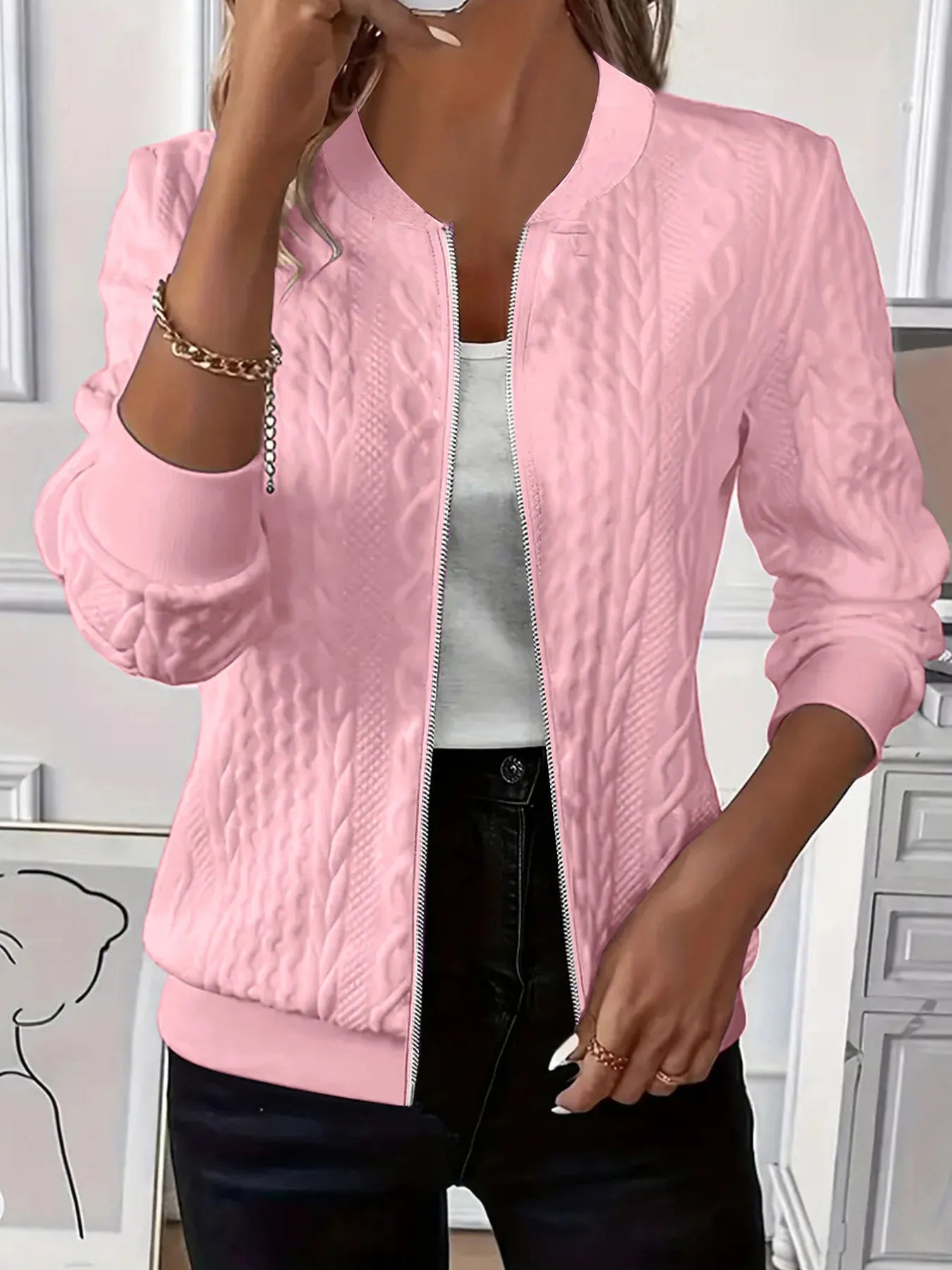 Texture Zip Up Long Sleeve Jacket Pink - Fashorio