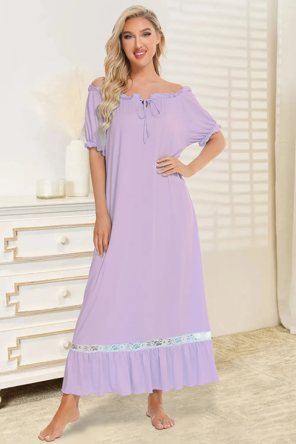 Lace Detail Short Sleeve Lounge Dress Lilac - Fashorio
