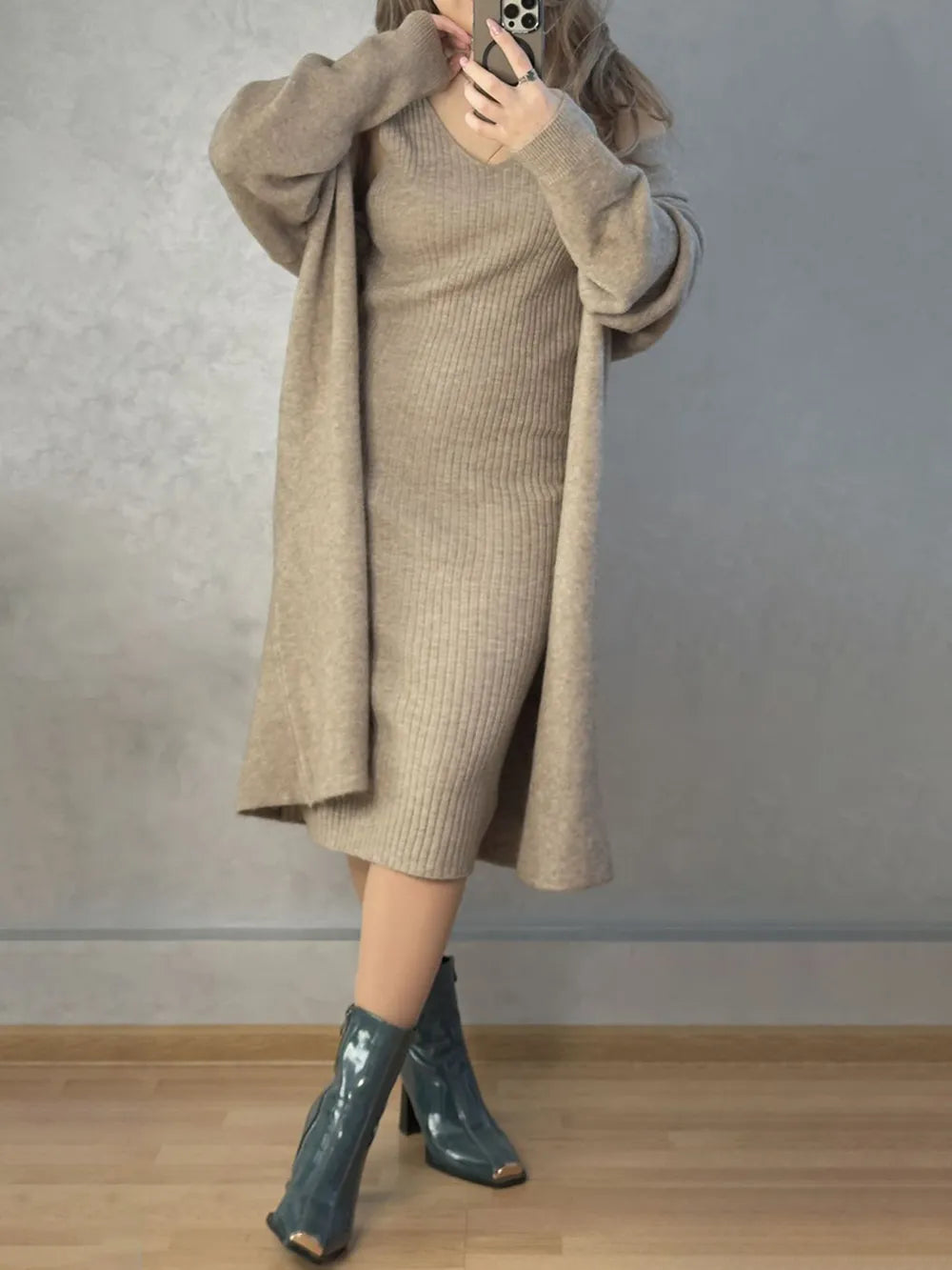 V-Neck Cami Dress and Open Front Cardigan Sweater Set - Fashorio