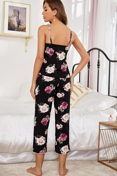 Floral V-Neck Cami and Cropped Pants Lounge Set - Fashorio