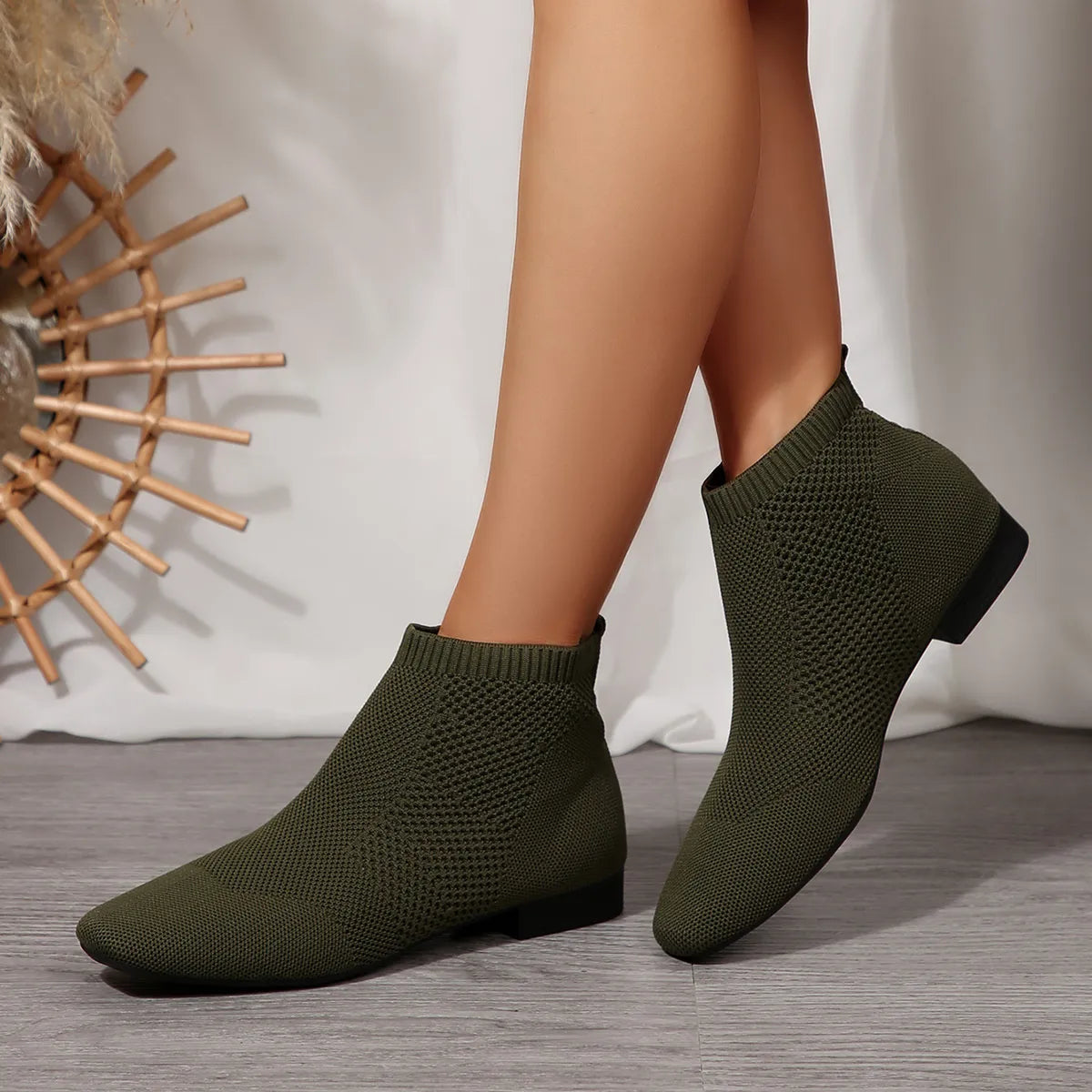 Mesh Knit Ankle Boots with Stretch Comfort Fit Military Green - Fashorio