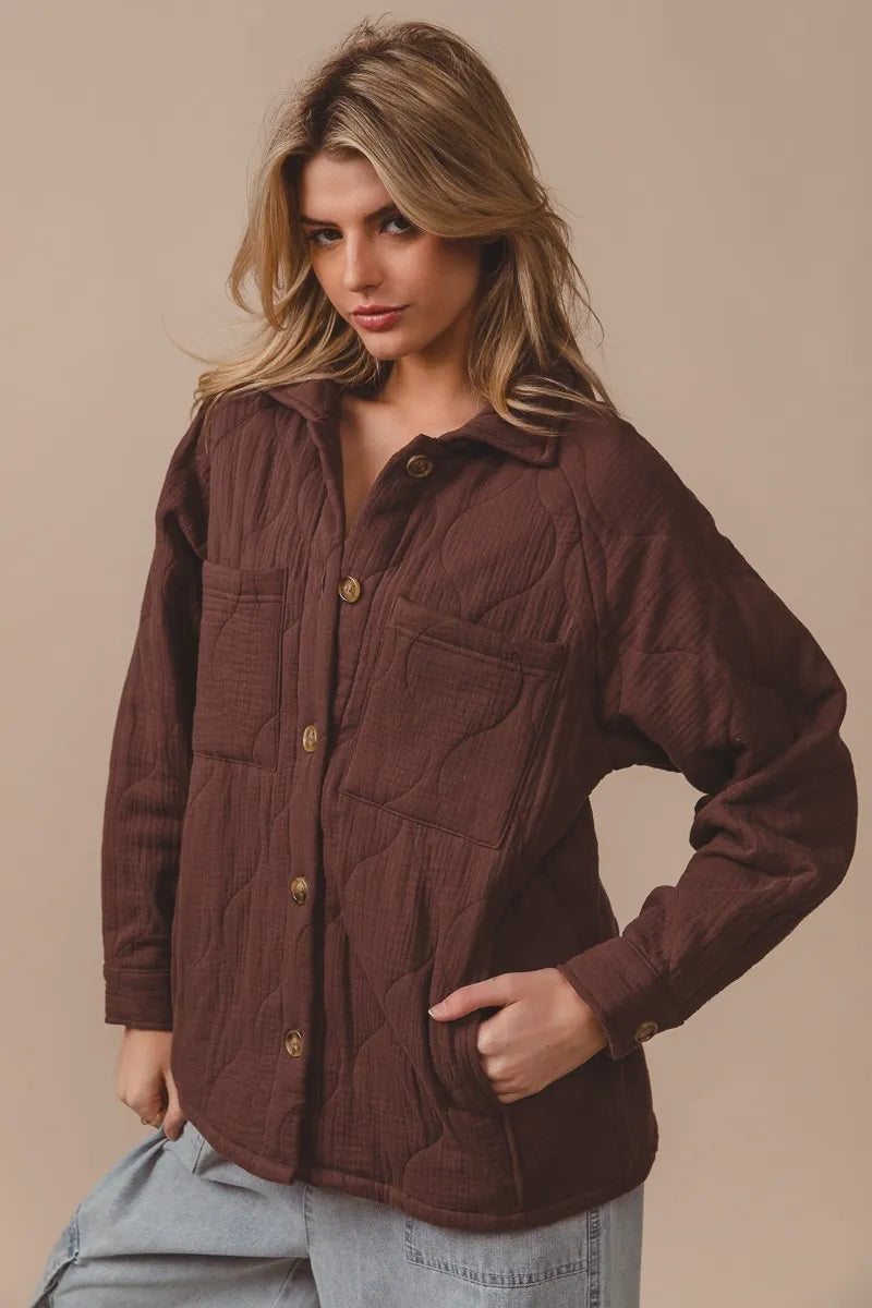 BiBi Quilted Gauze Long Sleeve Shacket – Oversized Buttoned Style - Fashorio