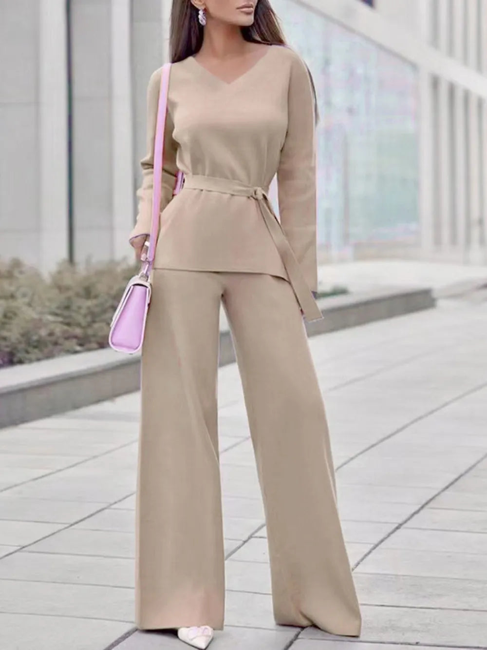 V-Neck Long Sleeve Top and Drawstring Pants Sweater Set Tan One Size - Fashorio